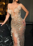 Crython Strapless Floral Sequin Maxi Dress In Nude