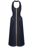 Fyriael Halter Structured A Line Maxi Denim Dress In Black