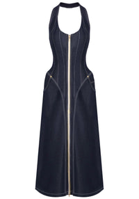 Fyriael Halter Structured A Line Maxi Denim Dress In Black