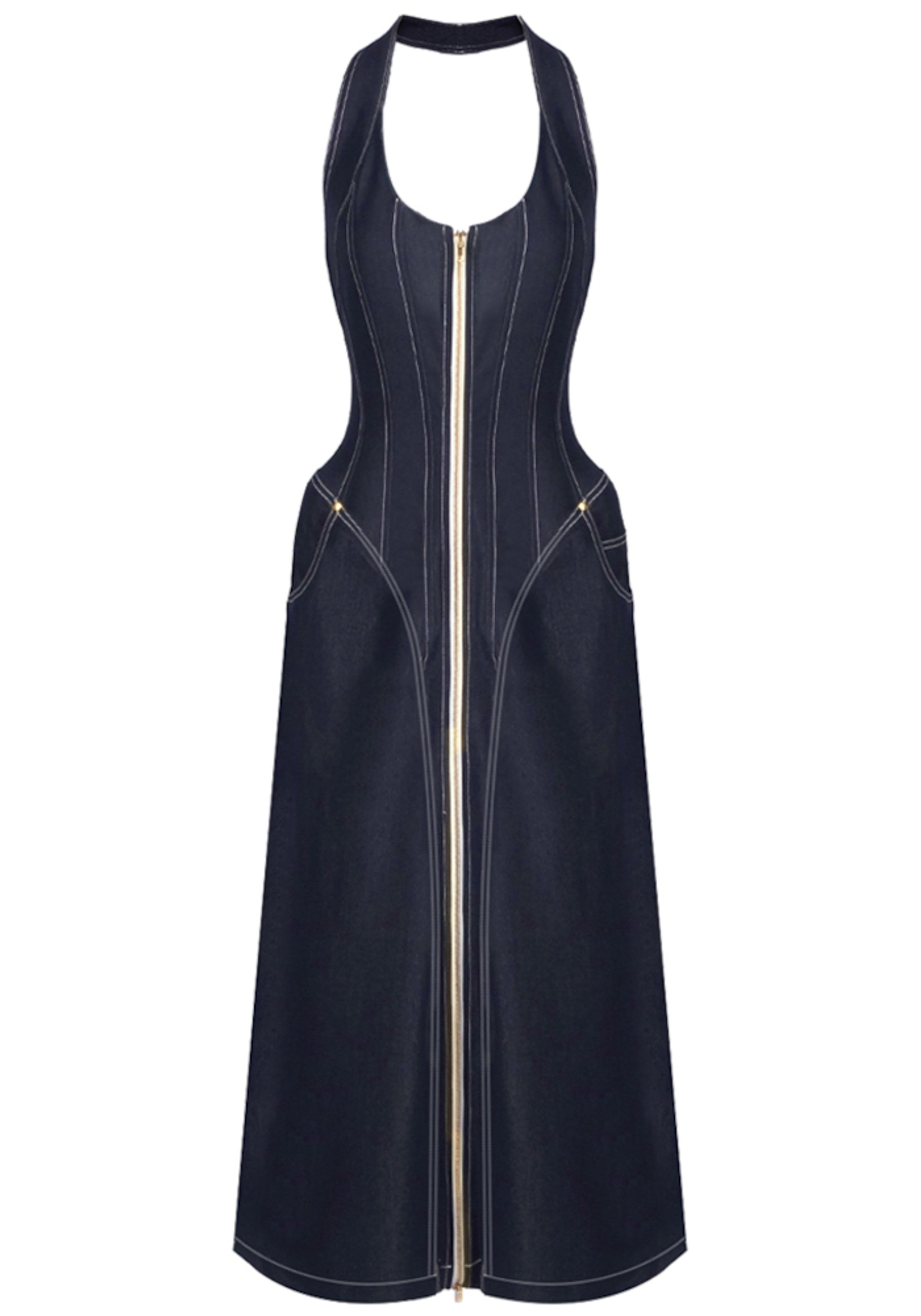 Fyriael Halter Structured A Line Maxi Denim Dress In Black