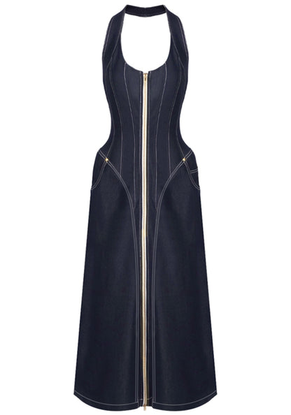 Fyriael Halter Structured A Line Maxi Denim Dress In Black