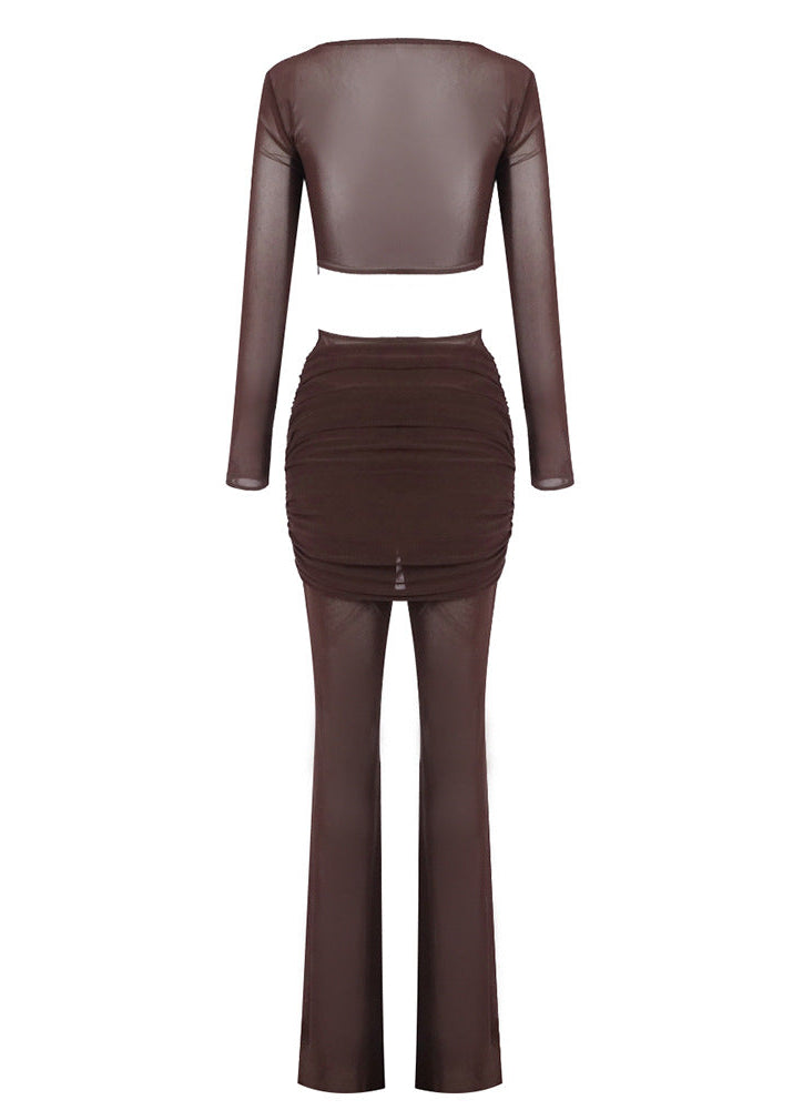 Monroe Long Sleeve Draped Two Piece Jumpsuit In Brown