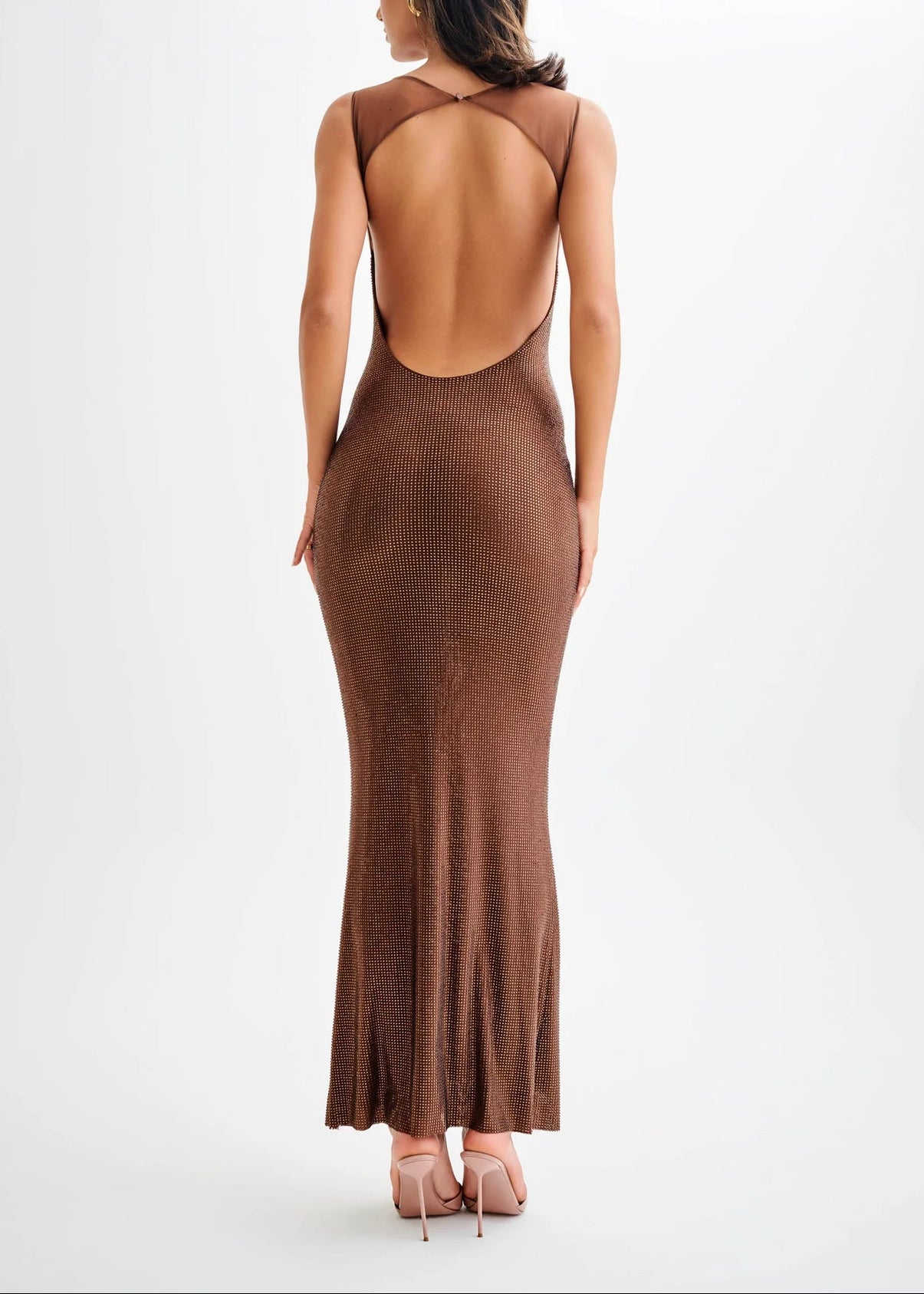 Aelithar Mesh Insert Sparkly Backless Maxi Dress In Brown