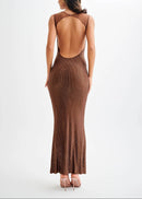Aelithar Mesh Insert Sparkly Backless Maxi Dress In Brown