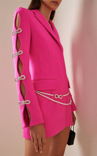 Syriel Long Sleeve Pearl Crystal Bow Blazer Mini Dress In Pink