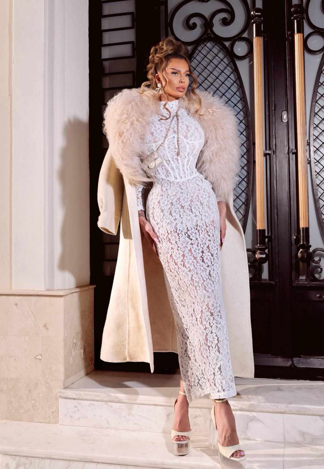 Heyren Long Sleeve Structured Lace Maxi Dress In White