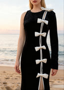 Fareeha One Sleeve Bow Detail Maxi Velvet Dress In Black White