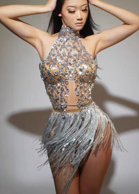Uexara Halterneck Rhinestone Fringe Skirt Set In Silver