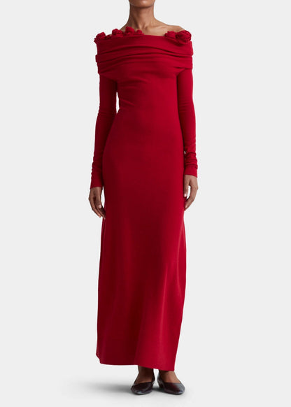 Wiwi Off-Shoulder Floral Embellished Ruched Maxi Dress In Red