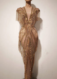 Doly Fringe Sequin Crystal Maxi Dress In Gold