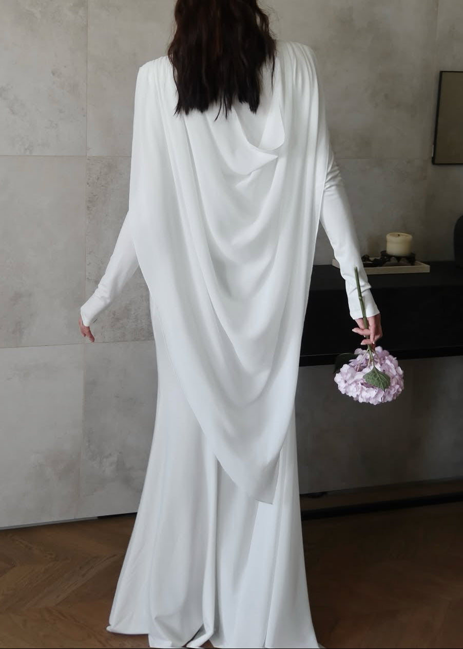Drynthos Long Sleeve Draped Design Maxi Dress In White
