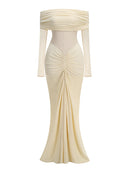 Geyeron Long Sleeve Draped Bardot Maxi Dress In Ivory