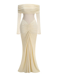 Geyeron Long Sleeve Draped Bardot Maxi Dress In Ivory
