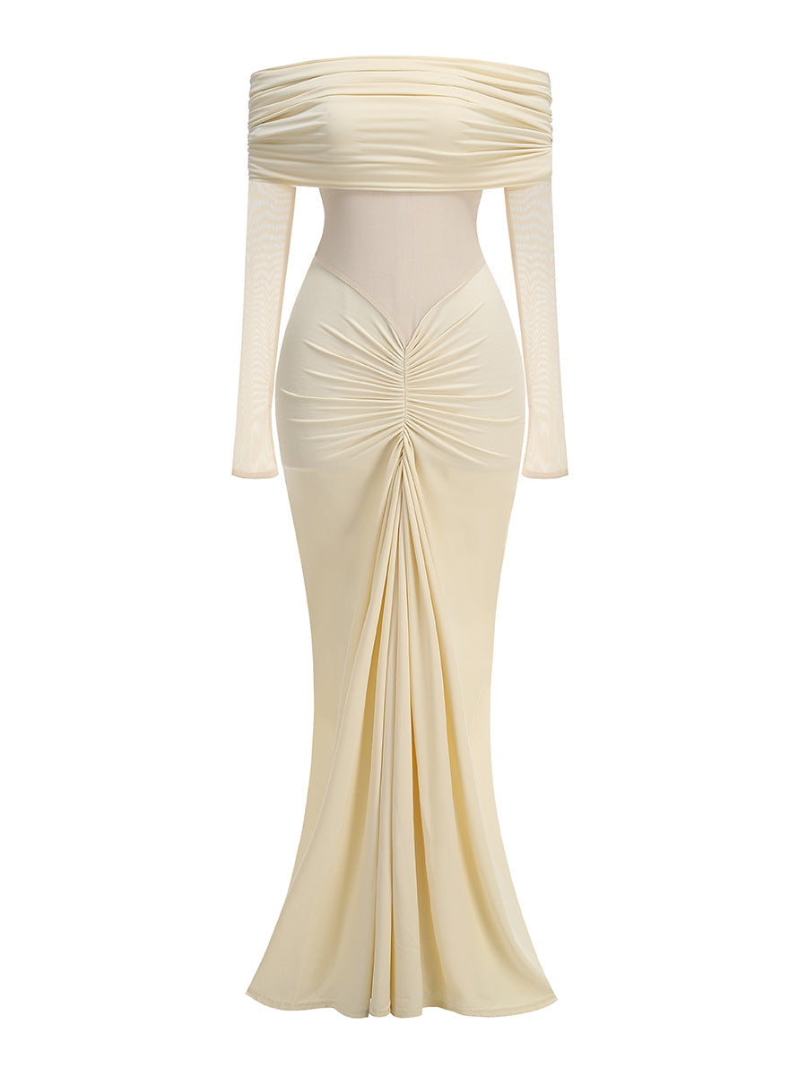 Geyeron Long Sleeve Draped Bardot Maxi Dress In Ivory