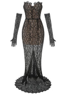 Aevren Strapless Lace Bustier Corset Maxi Dress In Black