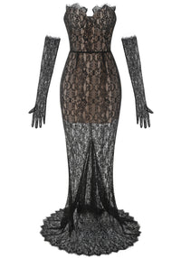 Aevren Strapless Lace Bustier Corset Maxi Dress In Black