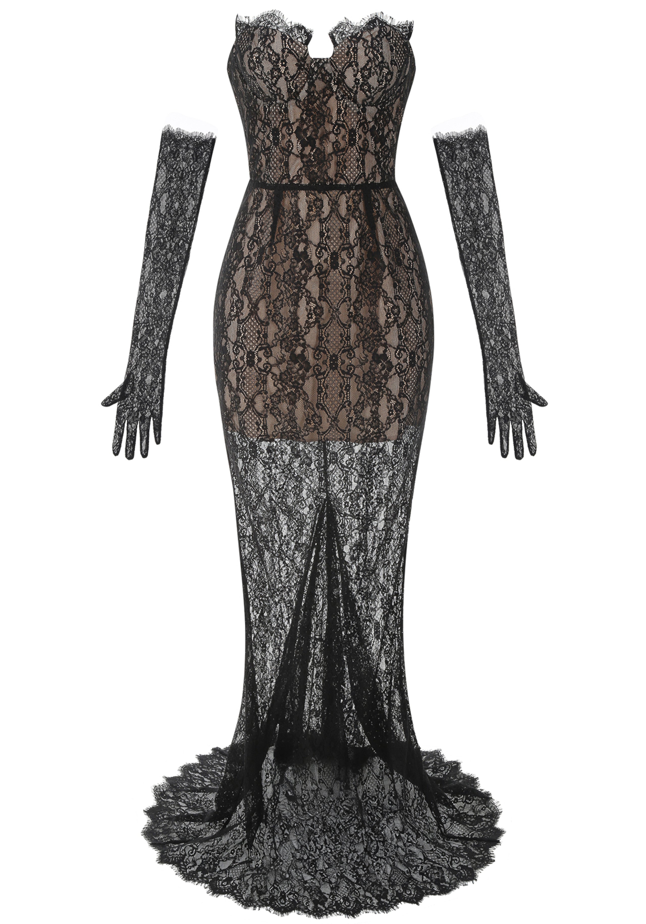 Aevren Strapless Lace Bustier Corset Maxi Dress In Black