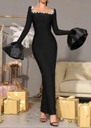 Vyxaria Long Sleeve Crystal Neckline Maxi Dress In Black
