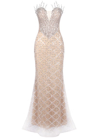 Zaelira Strapless Crystal Sequin Bustier Maxi Dress Nude