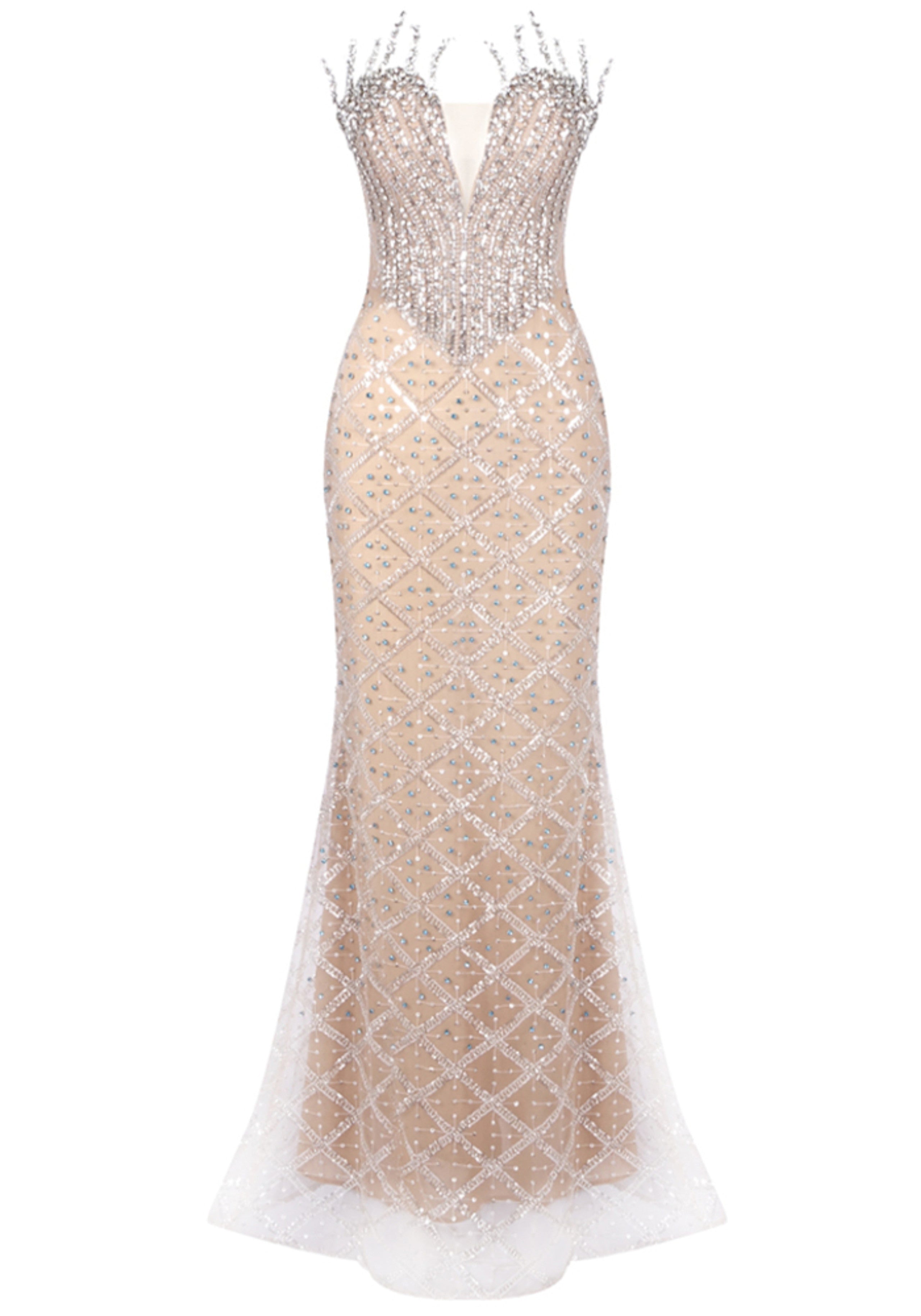 Zaelira Strapless Crystal Sequin Bustier Maxi Dress Nude