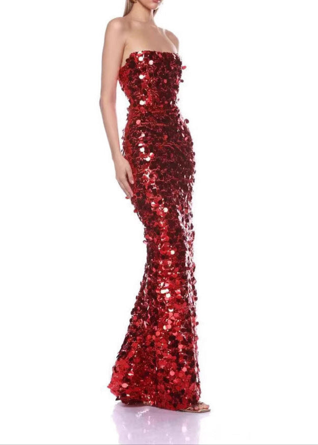 Didina Strapless Sequin Maxi Dress In Red