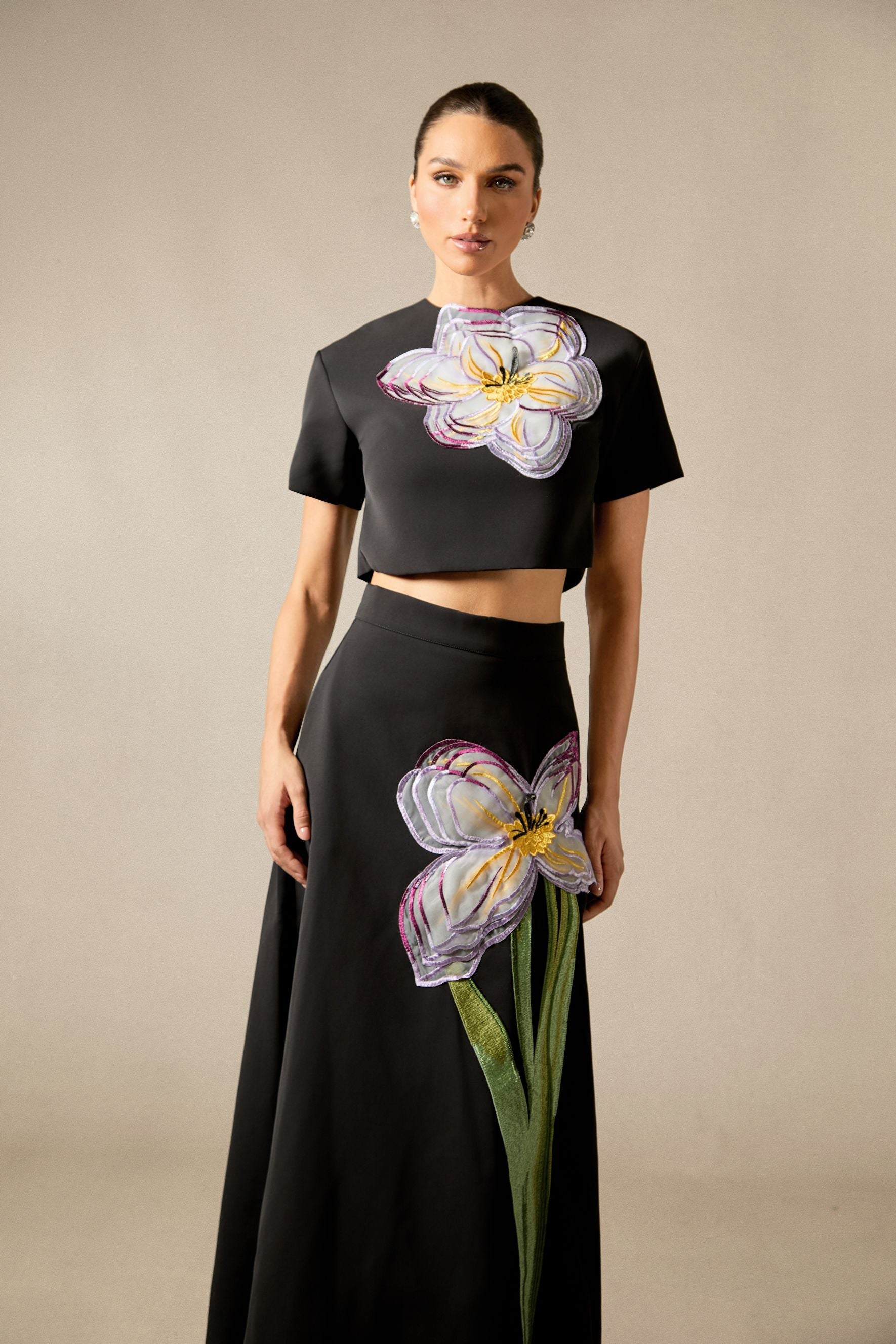 Elizaveta Floral Applique Short Sleeve Top & Skirt Set
