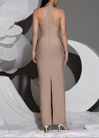 Alsatia Halter Pearl Sequin Embellished Maxi Dress In Nude