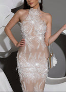 Alsatia Halter Pearl Sequin Embellished Maxi Dress In Nude