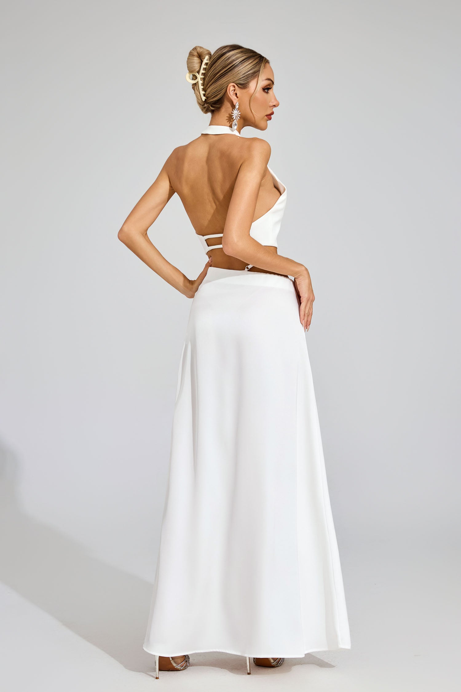 Susie Silk Crop Top Maxi Skirts 2 Pieces Sets In White