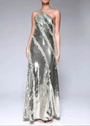 Pandeia Halter Ruffle Detail Sequin Maxi Dress In Silver