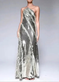 Pandeia Halter Ruffle Detail Sequin Maxi Dress In Silver