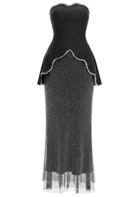 Nathari Strapless Crystal Trim Peplum Maxi Dress In Black