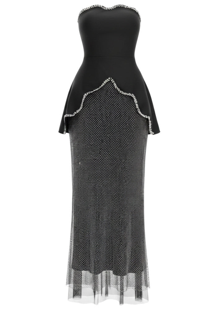 Nathari Strapless Crystal Trim Peplum Maxi Dress In Black