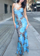 Cedrus Spaghetti Leopard Midi Dress In Blue
