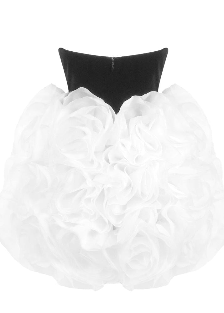 Zories 3D Flowers Strapless Black Mini Dress In White