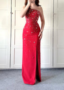 Razrik Strapless Crystal Embellished Maxi Dress In Red