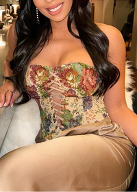 Qaeltric Strapless Lace Up Floral Top