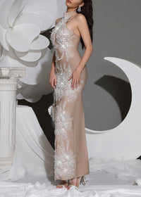 Alsatia Halter Pearl Sequin Embellished Maxi Dress In Nude