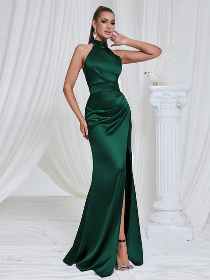 Atarah Halter Slit Satin Mermaid Maxi Dress In Green