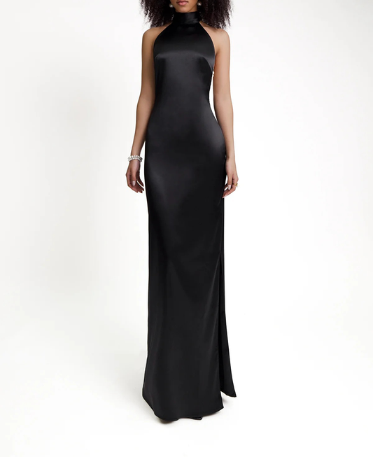 Halcyon Satin Belt Backless Pearl Embellished Maxi Dress In Black