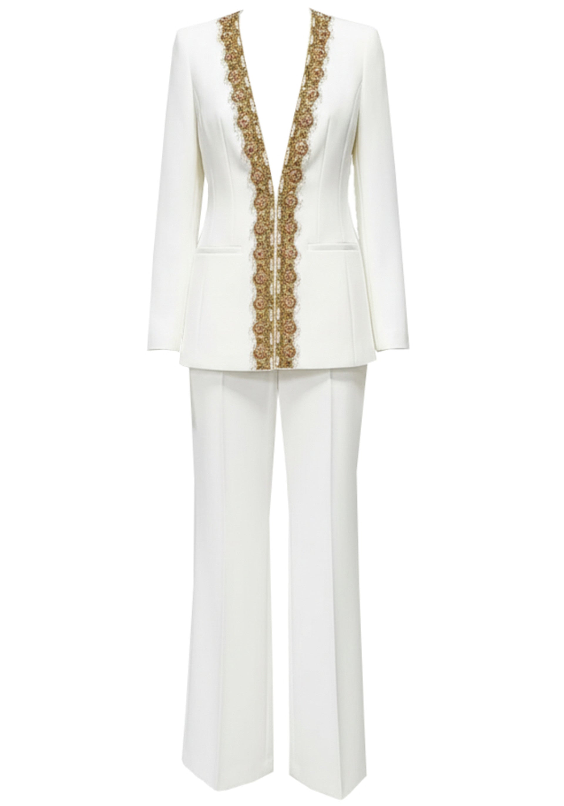 Ronaele ong Sleeve Embellished Neckline Suit In White
