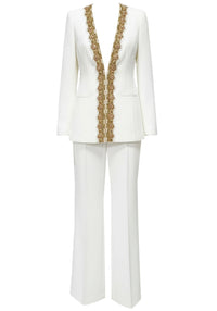Ronaele ong Sleeve Embellished Neckline Suit In White