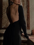 Meghyn Long Sleeve Draped Backless Maxi Dress In Black