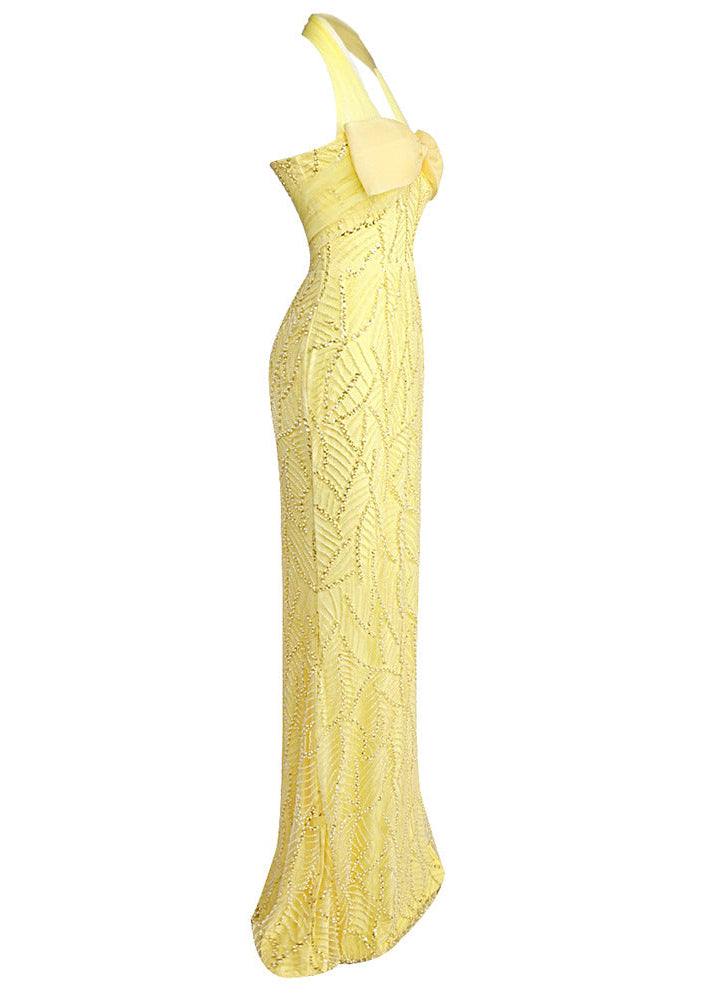 Grabena Halter Bow Detail Maxi Dress In Yellow