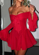 Jancis Long Sleeve Bardot A Line Dress In Red