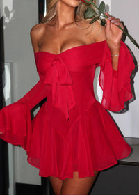 Jancis Long Sleeve Bardot A Line Dress In Red