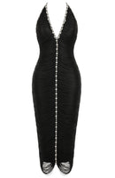 Rogue Halter Crystal Tassel Midi Dress In Black