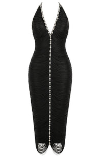 Rogue Halter Crystal Tassel Midi Dress In Black