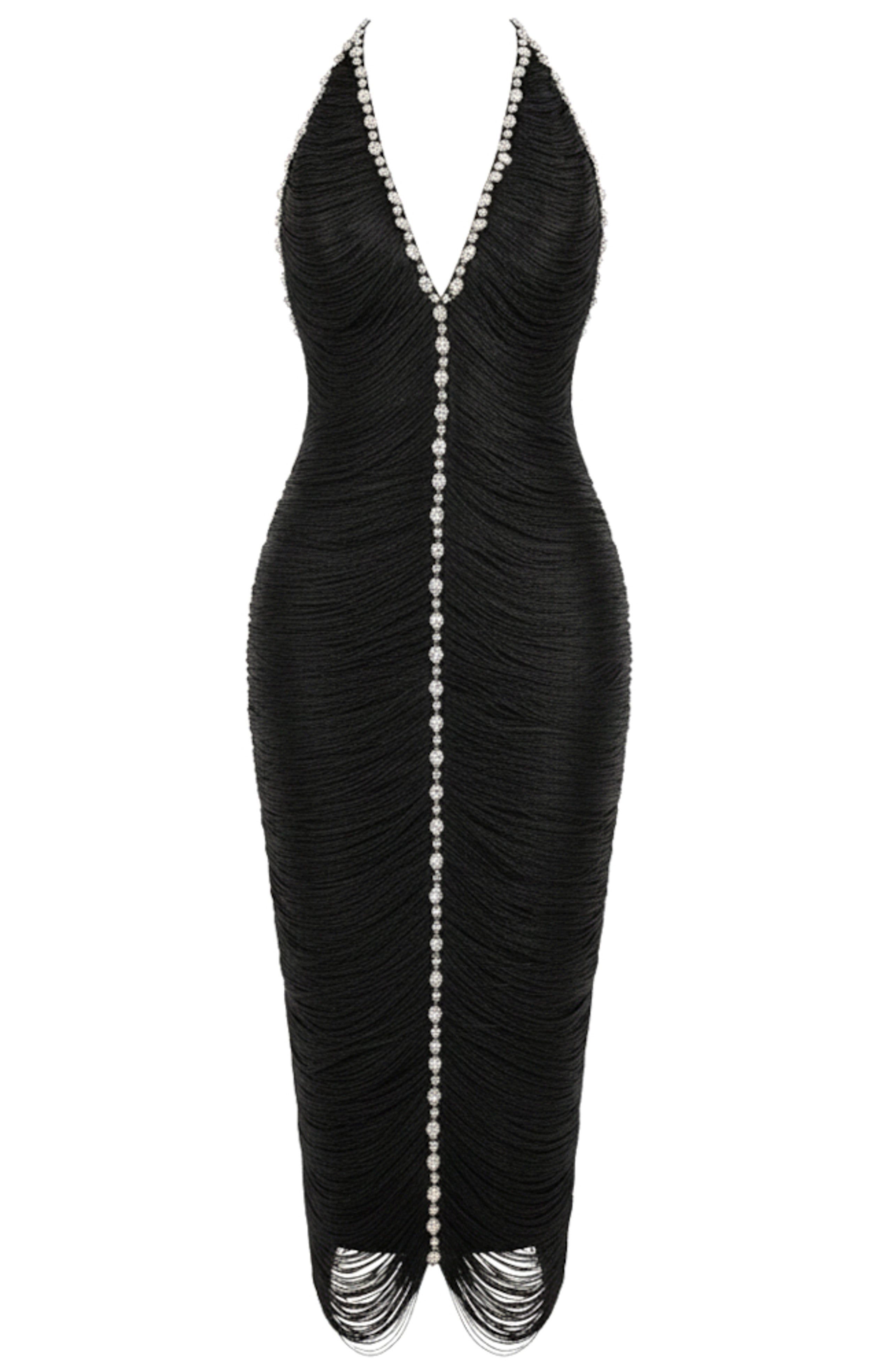 Rogue Halter Crystal Tassel Midi Dress In Black