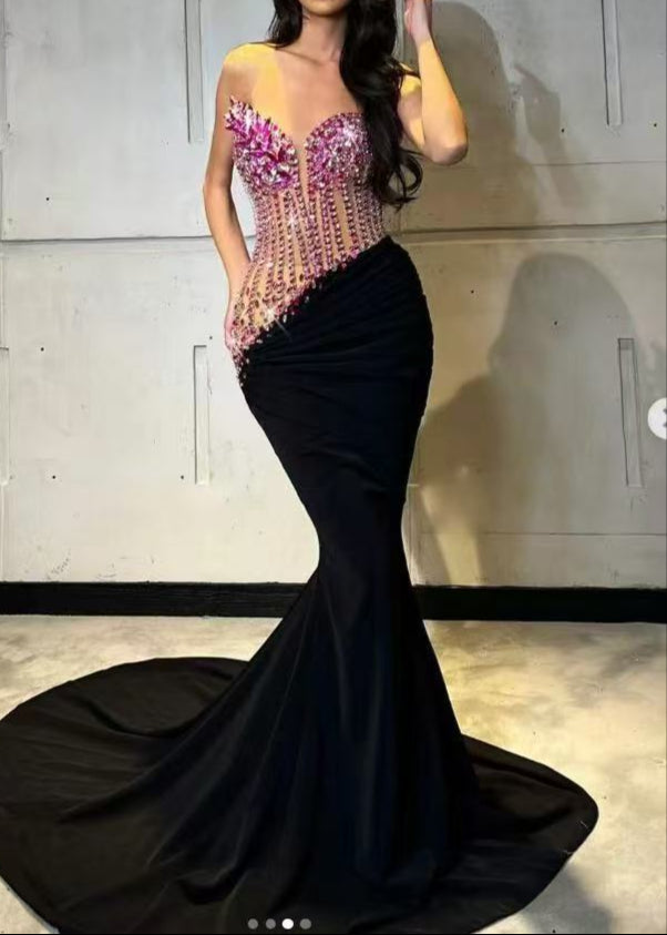 Roger Strapless Crystal Corset Maxi Velvet Dress In Hot Pink Black